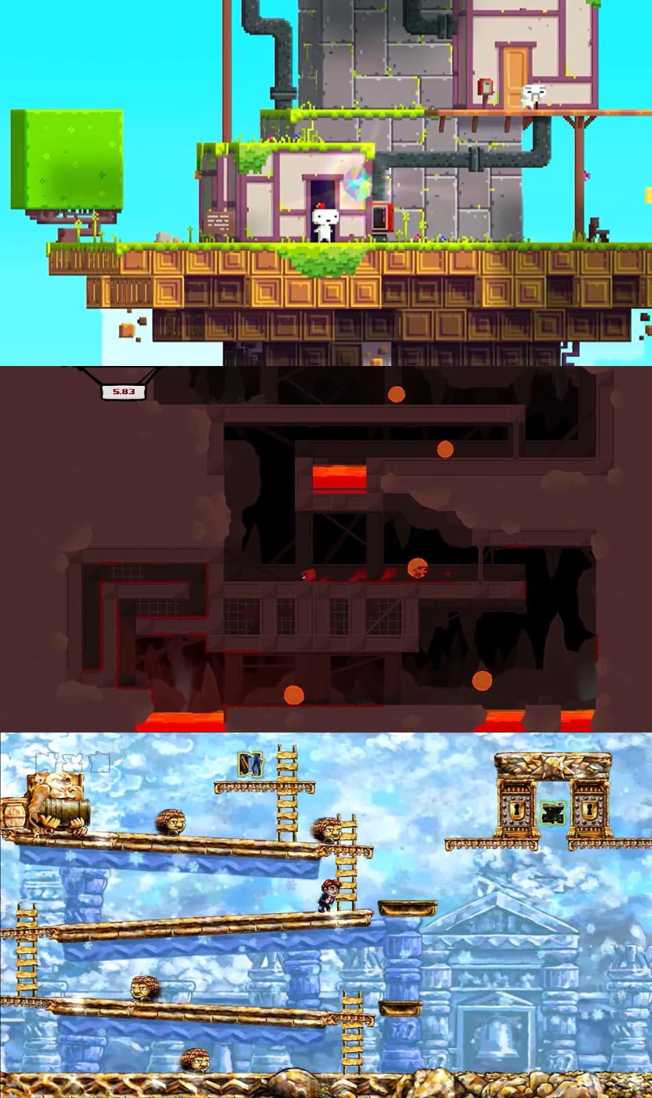 A vertical image showing a screenshot of Fez, Super Meat Boy, and Braid
